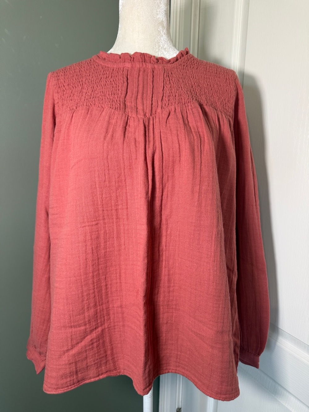 Sonoma Gauze Cotton Blouse Smocked Yoke Boho Top Rust Orange Large